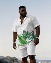 Men's Plus Size Hawaiian Large Leaf Positioning Print Short Sleeve Shirt Shorts Suit