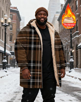 Big & Tall Men's Classic Geometric Brown Plaid Print Velvet Thickened Long Hooded Coat