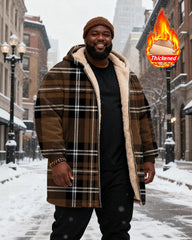 Big & Tall Men's Classic Geometric Brown Plaid Print Velvet Thickened Long Hooded Coat
