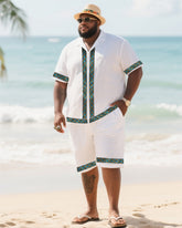 Big Men's Vacation Casual Bohemian Style Green Vintage Striped Edge Textured White Short Sleeve Shirt Shorts Suit