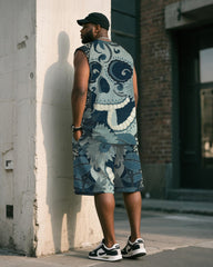 Big & Tall Men's Blue Denim Skull Print Vest Shorts Suit