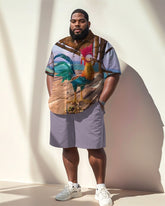 Men's Plus Size Street Fashion Purple Cartoon Fun Chick Print Shirt Shorts Suit