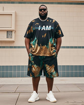 Plus Size Men Vintage Tie-dye I AM DAMN CHARM T-shirt Shorts Suit