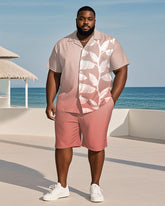 Big & Tall Men's Hawaiian Vacation Pink Gradient Leaf Print Shirt Shorts Suit