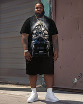 Men's Plus Size Strong Lion Print Short Sleeve T-Shirt and Shorts Set