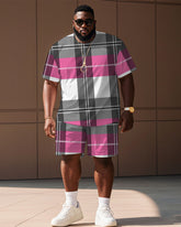 Men's Plus Size Street Pink Plaid Print Short Sleeve T-Shirt Shorts Suit