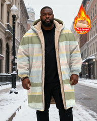 Big & Tall Men's Green Stripe Printed Velvet Thickened Long Hooded Coat