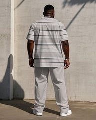 Men's Plus Size Apricot Striped Short Sleeve T-Shirt Trousers Suit