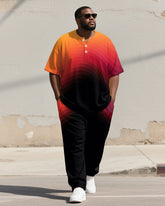 Men's Plus Size Orange Gradient Print Henry Collar T-Shirt Pants Suit