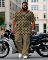 Men's Plus Size Khaki Big Brand Pattern Printed Short-sleeved Shirt Trousers Suit