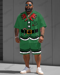 Men's Plus Size Christmas Green Elf Cosplay Printed Shirt Shorts Suit