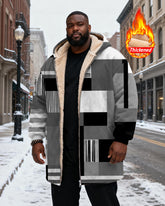 Big & Tall Men's Gray Geometric Print Velvet Thickened Long Hooded Exterior