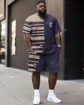 Street Casual Striped Contrast Color Stitching K Letter Crown Print Large Men's Suit