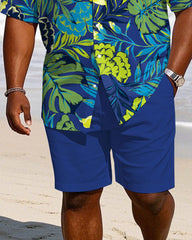 Men's Plus Size Hawaiian Royal Blue Large Leaf Shirt Shorts Suit