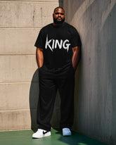 Men's Casual Streetwear KING Printed Big & Tall Short Sleeve T-shirt Pants 2-Piece Set