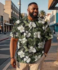 Men's Plus Size Hawaiian Floral Print Henry Collar Button Short Sleeve Tee