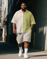 Men's Plus Size Casual Business Apricot Spelling Green Striped Printed Shirt Shorts Suit