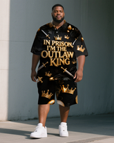 Big Men's PRISON KING Letter Sward and Crown Printed Short-Sleeve Polo Shirt & Shorts Set