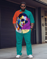 Men's Plus Size Green Red Color Block Color Block Portrait Printed Long Sleeve Shirt Trousers Suit