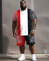 Big Men's Simple Casual Colorblock Paisley Print T-Shirt Shorts Set