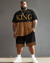 Men's Plus Size Yellow Geometric King Alphabet Print Short Sleeve T-Shirt Shorts Suit