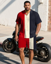 Men's Plus Size Red & Apricot & Royal Blue Colorblock Short Sleeve Shirt Shorts Suit
