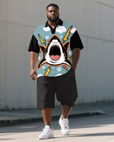 Big and Tall Men's Casual Cute Shark Cartoon Printed Outdoor Short-Sleeve Polo Shirt & Shorts Set