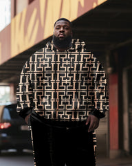 Men's Plus Size Brown Geometric Stripes Hoodie Set of Two