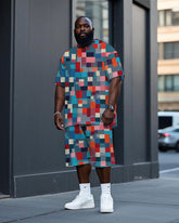 Men's Big Size Colorful Plaid Mosaic All Over Printed Short Sleeve T-shirt and Shorts Set