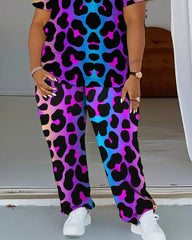 Women's Plus Size Gradient Leopard Print T-Shirt and Trousers Suit