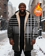 Big & Tall Men's Classic Geometric Black Plaid Printed Velvet Thickened Long Hooded Coat