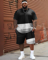 Men's Large Size Black and Gray Patchwork T-shirt & Shorts Two-piece Set