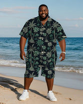 Men's Plus Size Hawaiian Hand Painted Black Green Coconut Tree Print Shirt Shorts Suit