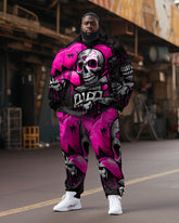 Men's Large Size Pink Heart Skull Hoodie Two Piece Set