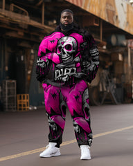 Men's Large Size Pink Heart Skull Hoodie Two Piece Set