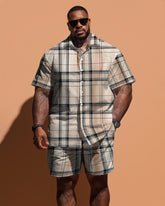 Guys Big Size Classic Khaki Plaid Short Sleeve Shirt Shorts Set