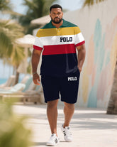 Big & Tall Men's Summer Multicolor Colorblock Chest Slogan Print Polo Short Sleeve Shirt Shorts Suit