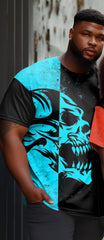 Couple Large Size Color Block Skull Round Neck Short Sleeve T-Shirt