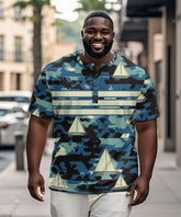 Men's Plus Size Hawaiian Blue Camouflage Sailboat Print Henry Collar Button Short Sleeve Tee