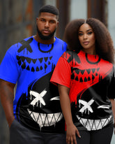 Couple's Large Size Color Blocking Smiley Round Neck Short Sleeve T-Shirt