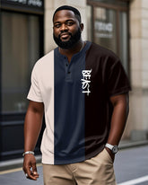 Men's Plus Size Daily Casual Blue And Black Striped Print Henry Collar Button Short Sleeve T-Shirt