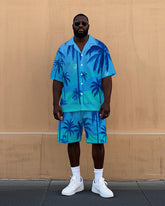 Big Men's Gradient Hawaiian Coconut Trees Printed Cuban Collar Short Sleeve Shirt Shorts Set