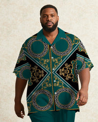 Big & Tall Men's Business Green Luxury Pattern Printed Short Sleeve Shirt Trousers Suit