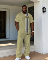 Men's Big & Tall Khaki Fashion Color Slimming Chest Small Label Printed Short-sleeved T-shirt Trousers Set