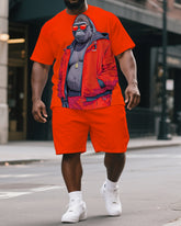 Men's Casual Uninhibited Cartoon Gorillas Print Summer Big & Tall Short-Sleeve T-shirt & Short Set