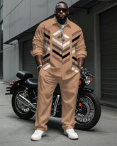 Men's Big & Tall Orange Colorblock Stripe Print Long Sleeve Shirt Trousers Set