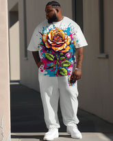 Men's Plus Size Street Fashion Graffiti Rose Print T-Shirt Trousers Suit