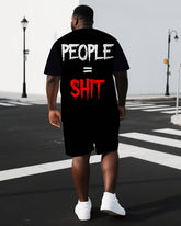 Men's Simple Punk Style People=Shit Back Lettering Big & Tall Casual Short-Sleeve T-shirt 2-Piece Set