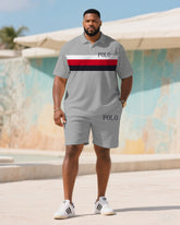 Big & Tall Men's Summer Grey Business Small Label Printed Polo Short Sleeve Shirt Shorts Suit