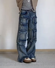 Women's Plus Size Vintage Washed Multi-Pocket Frock Loose Jeans